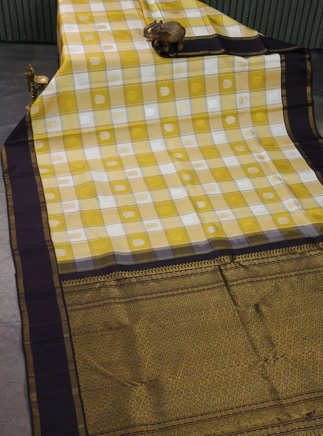 Beige And Mustard - Black Pure Kanchipuram Silk Saree