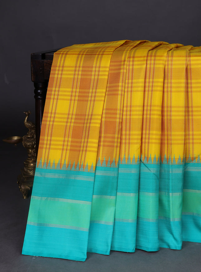 Yellow -Teal Green Pure Kanchipuram Silk Saree