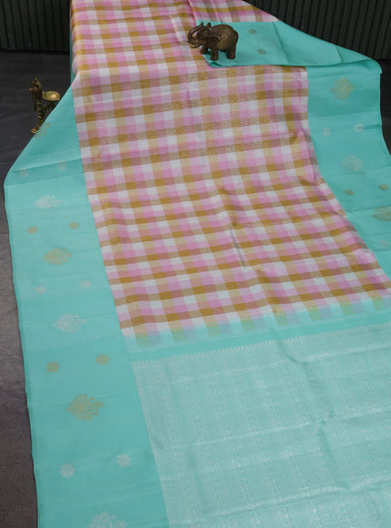 Multi Colour-Teal Green Pure Kanchipuram Silk Saree