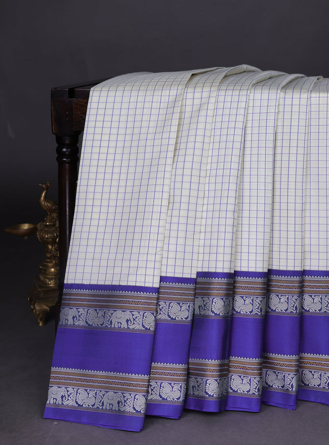Off White-Blue Pure Kanchipuram Silk Saree