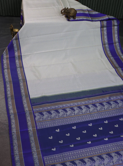 Off White-Blue Pure Kanchipuram Silk Saree