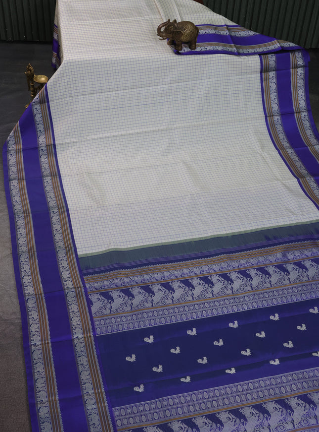Off White-Blue Pure Kanchipuram Silk Saree