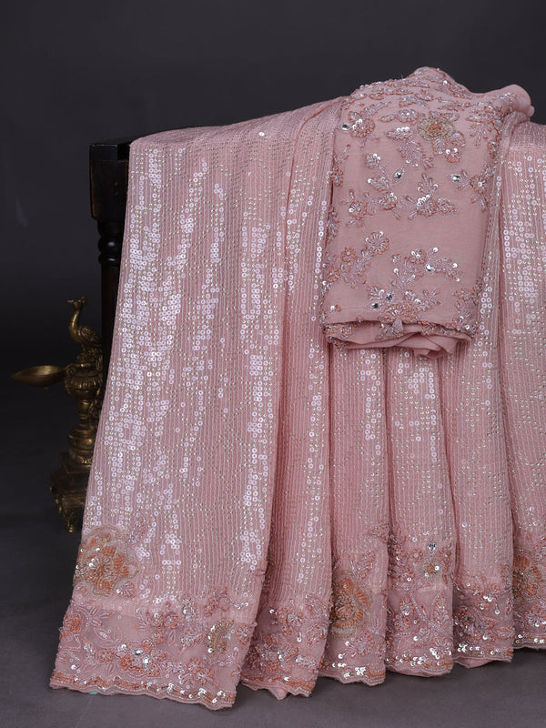 Peach Georgette Sequins Saree