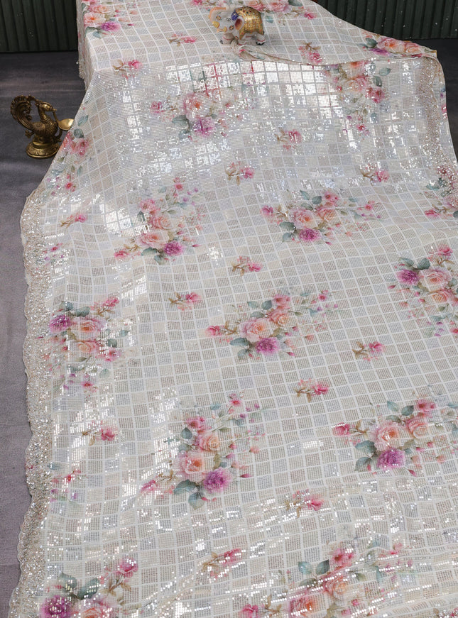Off White Georgette Sequins Saree