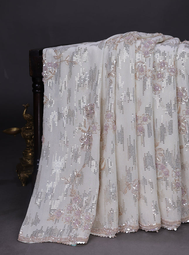 Off White Georgette Sequins Saree