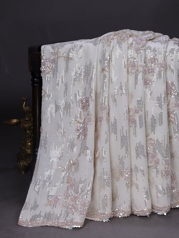 Off White Georgette Sequins Saree