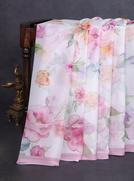 Off White-Peach Printed Chiffon Saree