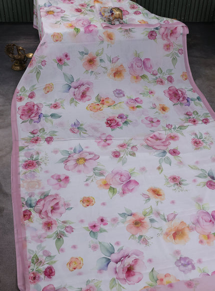 Off White-Peach Printed Chiffon Saree