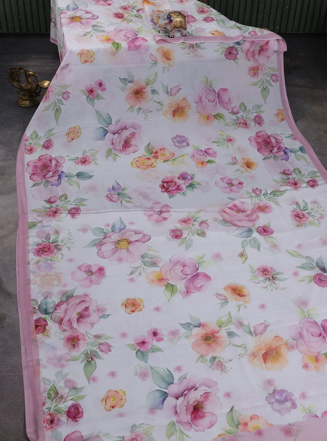 Off White-Peach Printed Chiffon Saree