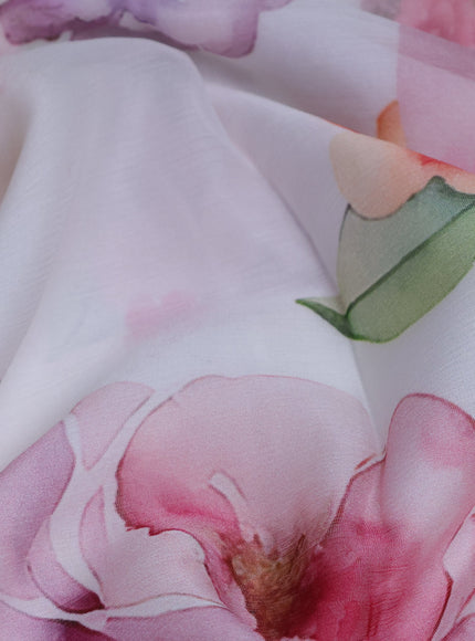 Off White-Peach Printed Chiffon Saree