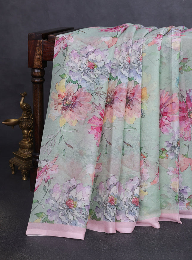 Pista Green-Peach Printed Chiffon Saree