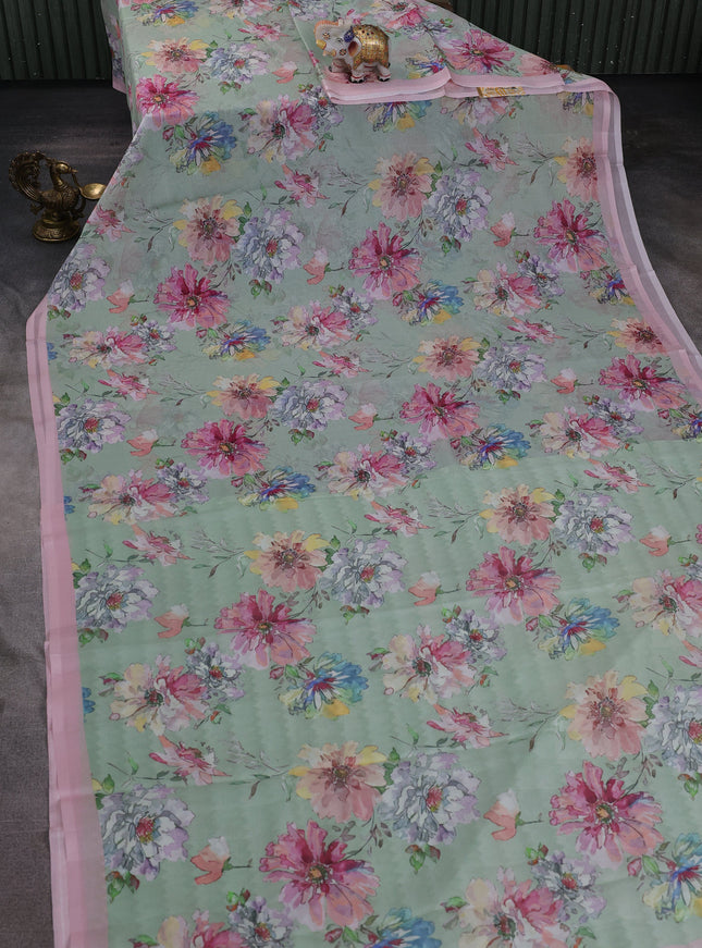 Pista Green-Peach Printed Chiffon Saree