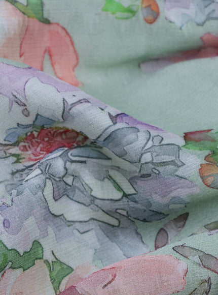Pista Green-Peach Printed Chiffon Saree
