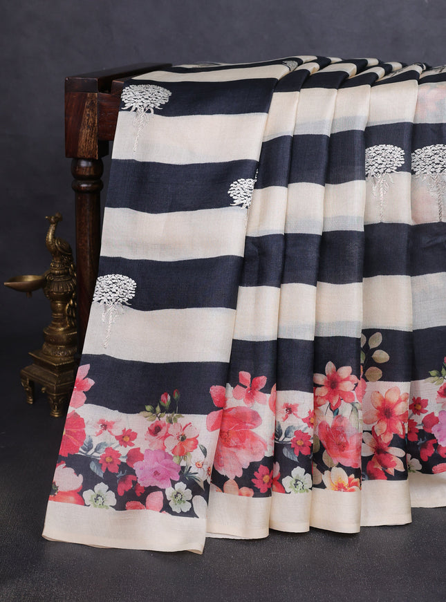 Beige-Black Tussar Silk Saree