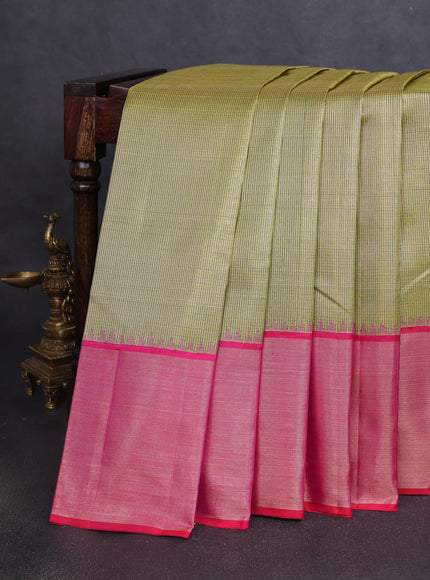 Lemon Yellow-Pink Pure Kanchipuram Silk Saree