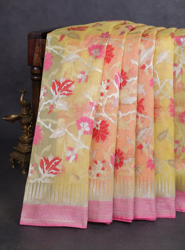 Lime Yellow -Pink Banarasi Kora Silk Saree