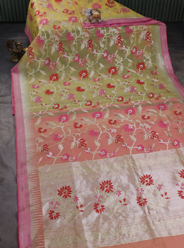 Lime Yellow -Pink Banarasi Kora Silk Saree