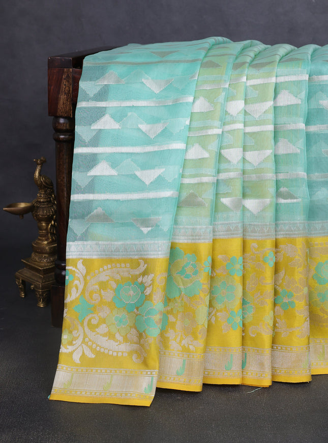Teal Blue-Yellow Banarasi Kora Silk Saree