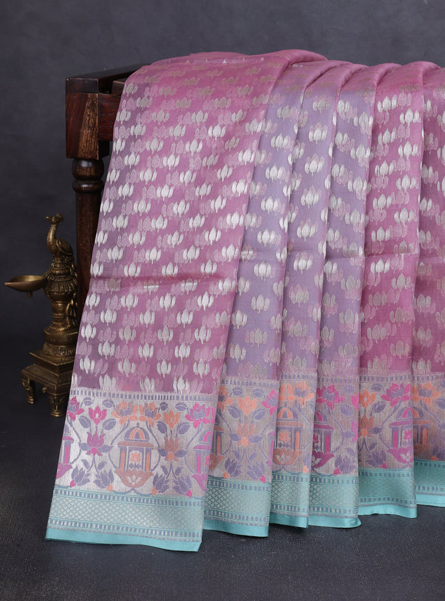 Mauve Pink-Teal Blue Banarasi Kora Silk Saree