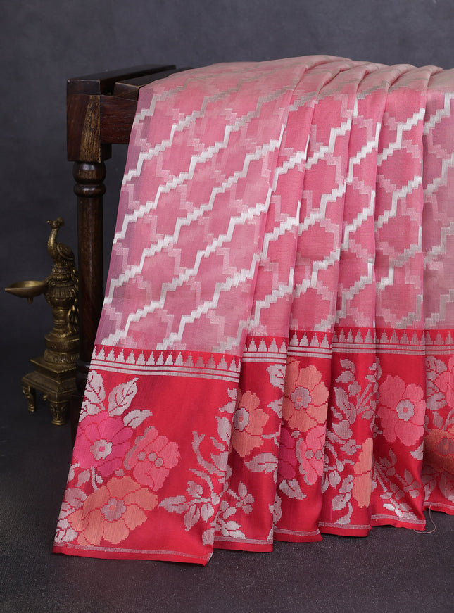 Peach-Red Banarasi Kora Silk Saree