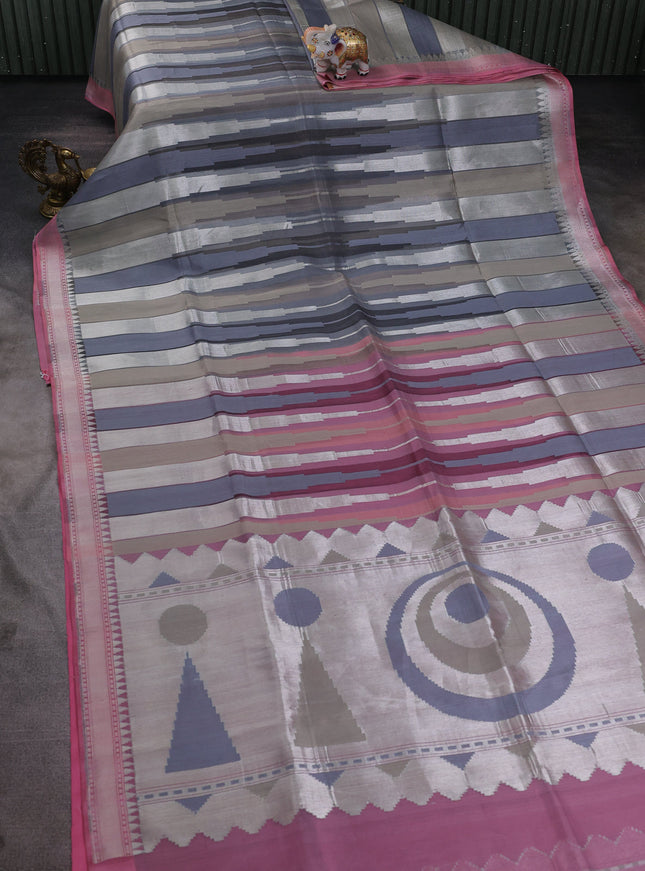 Grey-Peach Banarasi Kora Silk Saree
