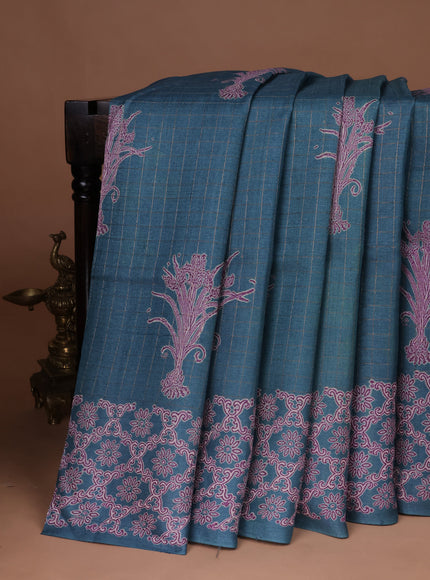 Teal Blue Printed Tussar Silk Saree