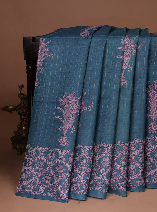 Teal Blue Printed Tussar Silk Saree
