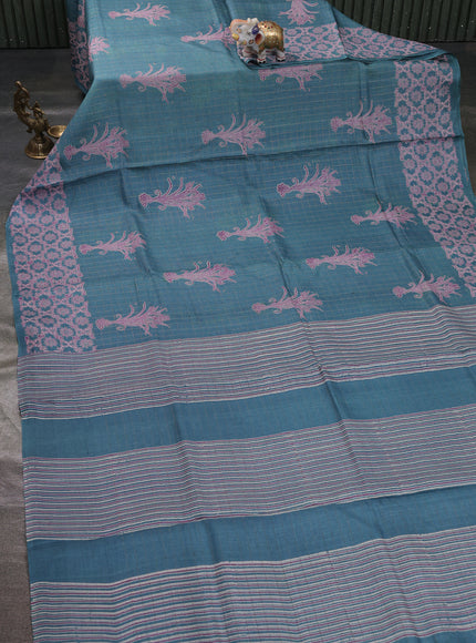 Teal Blue Printed Tussar Silk Saree