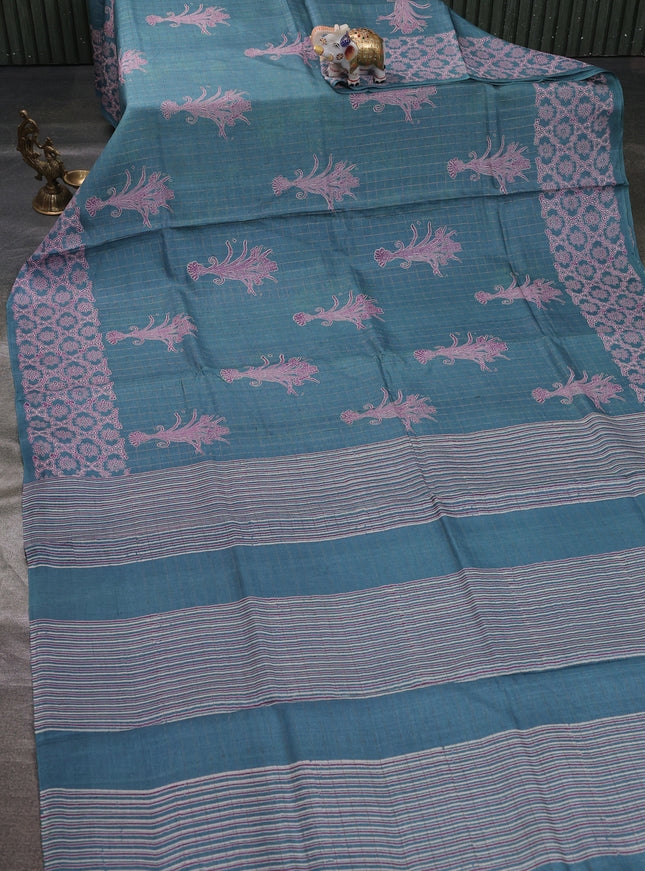 Teal Blue Printed Tussar Silk Saree