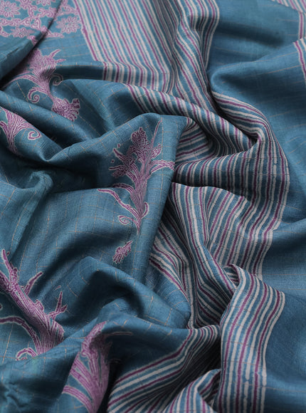 Teal Blue Printed Tussar Silk Saree