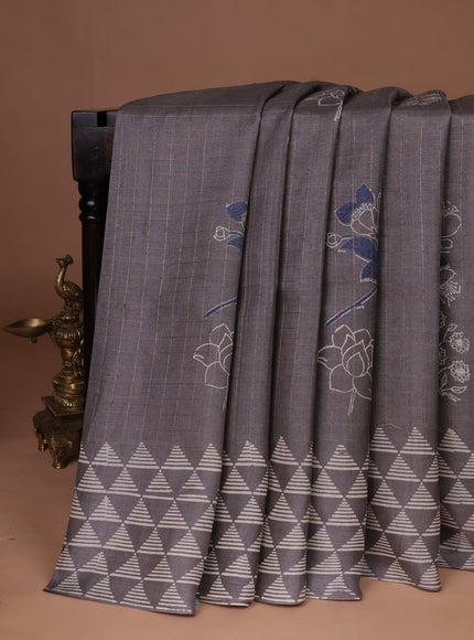 Grey Printed Tussar Silk Saree