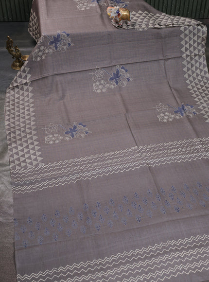 Grey Printed Tussar Silk Saree