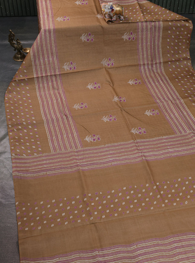 Sandal Printed Tussar Silk Saree
