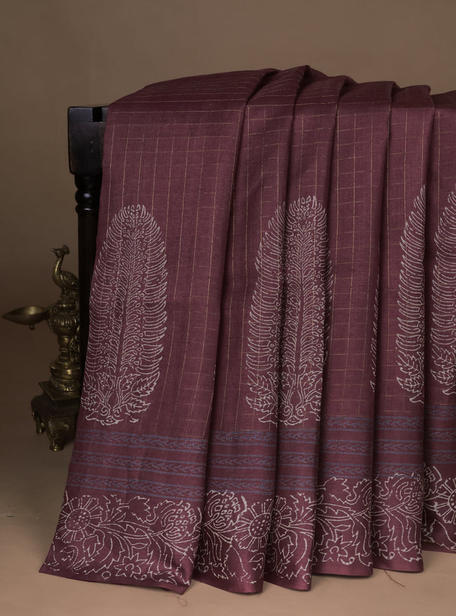 Maroon Printed Tussar Silk Saree
