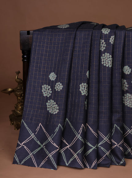Dark Grey Printed Tussar Silk Saree