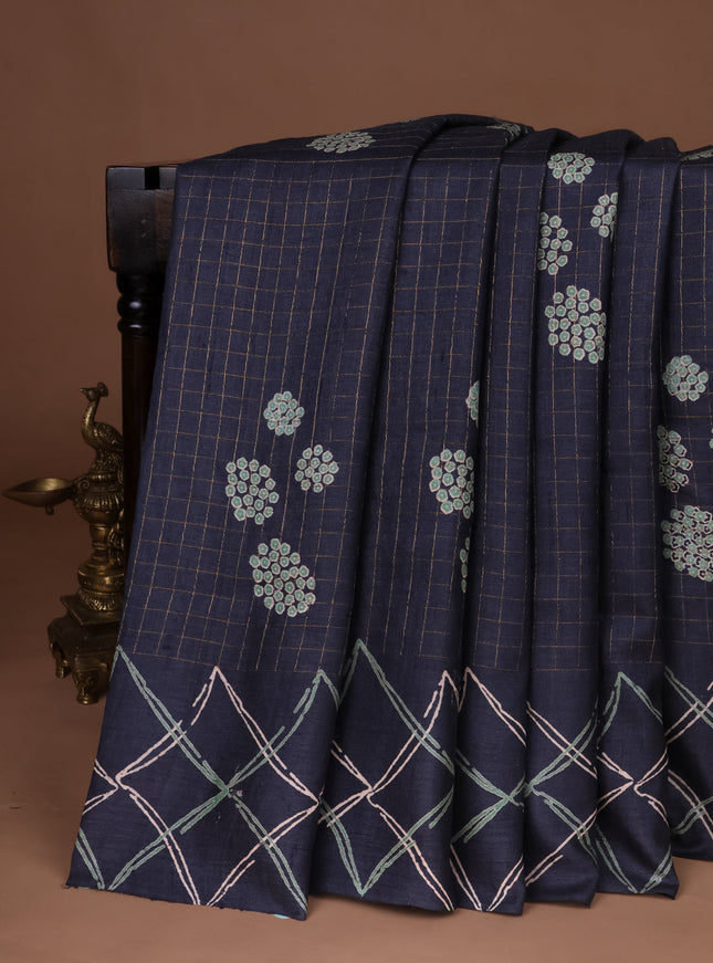 Dark Grey Printed Tussar Silk Saree