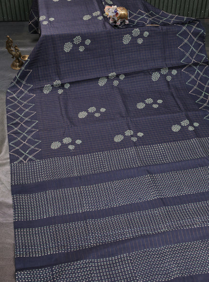 Dark Grey Printed Tussar Silk Saree