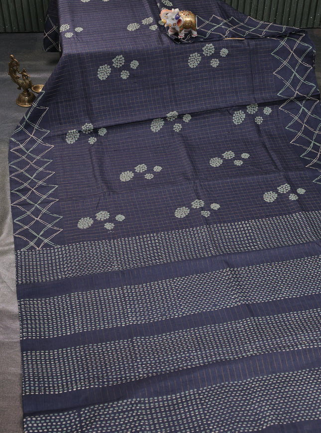 Dark Grey Printed Tussar Silk Saree