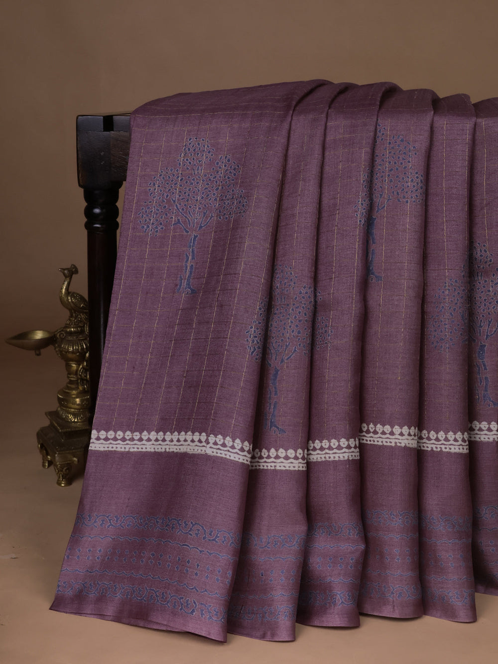 Lilac Printed Tussar Silk Saree