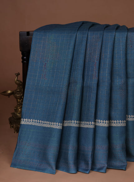 Teal Blue Printed Tussar Silk Saree