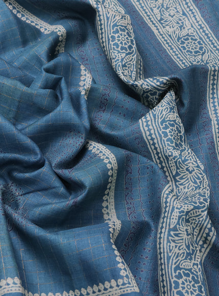 Teal Blue Printed Tussar Silk Saree