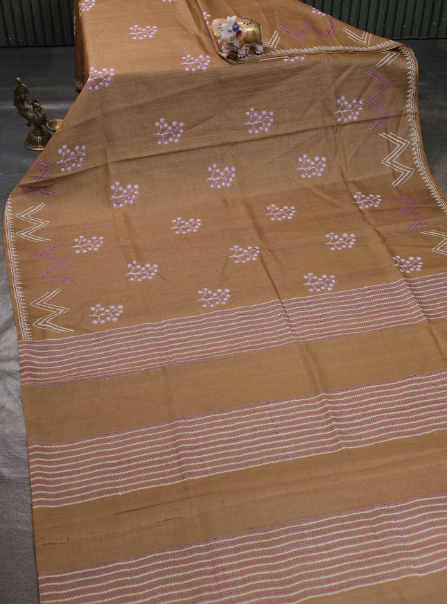 Light Brown Printed Tussar Silk Saree