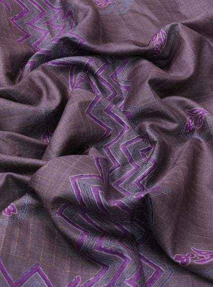 Lavender-Grey Printed Tussar Silk Saree