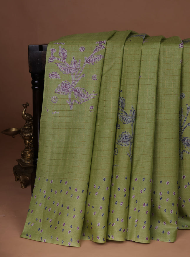 Lime Green Printed Tussar Silk Saree