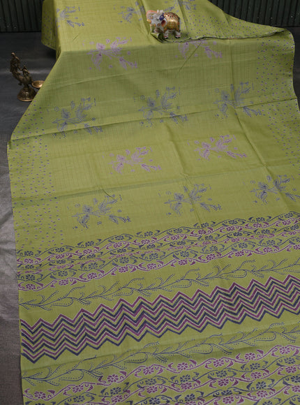 Lime Green Printed Tussar Silk Saree