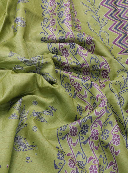Lime Green Printed Tussar Silk Saree