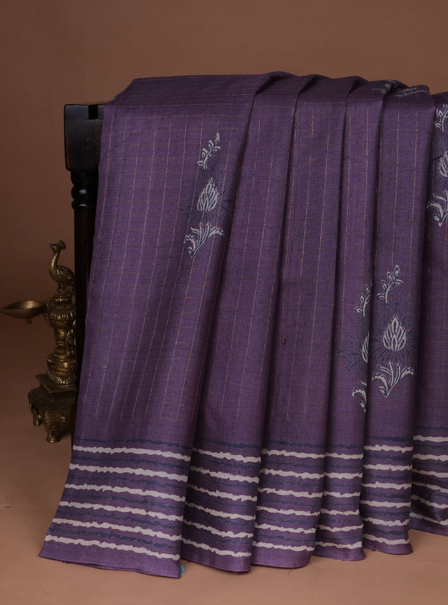Lavender Printed Tussar Silk Saree