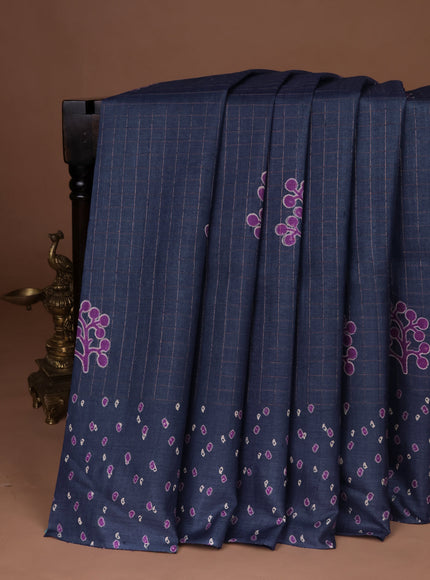 Navy Blue Printed Tussar Silk Saree