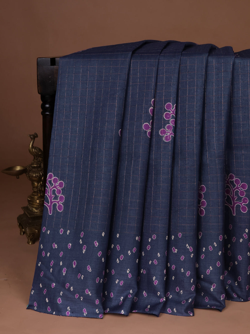 Navy Blue Printed Tussar Silk Saree