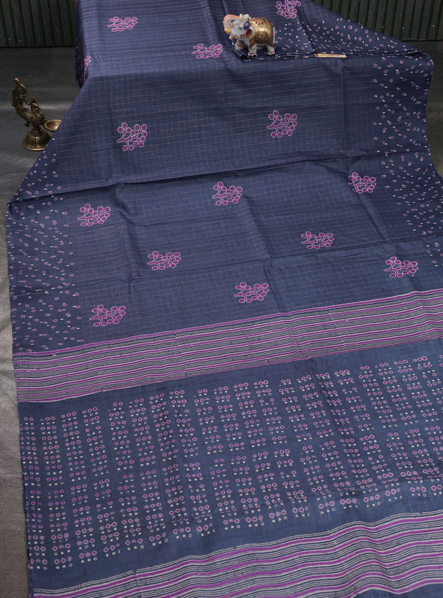 Navy Blue Printed Tussar Silk Saree